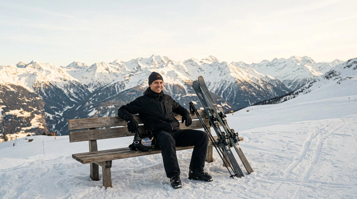Alfredo Scarlata seated beside his skis in the mountains