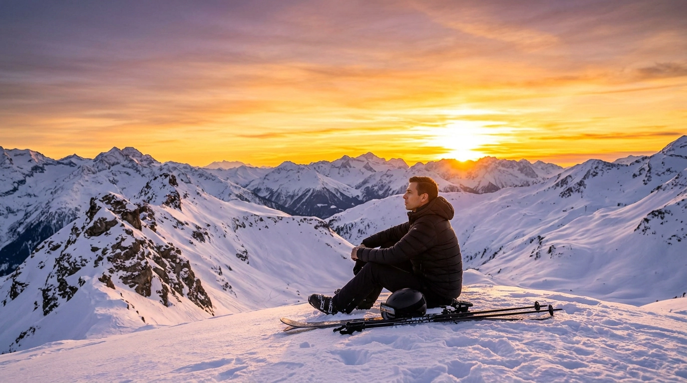 Alfredo resting beside his skis at sunset in the mountains
