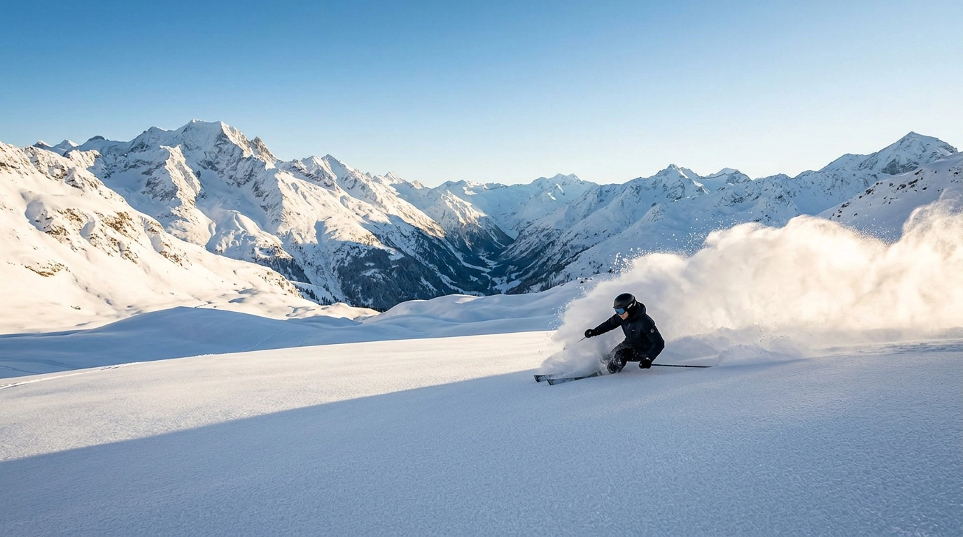 Skier carving through powder in an alpine landscape