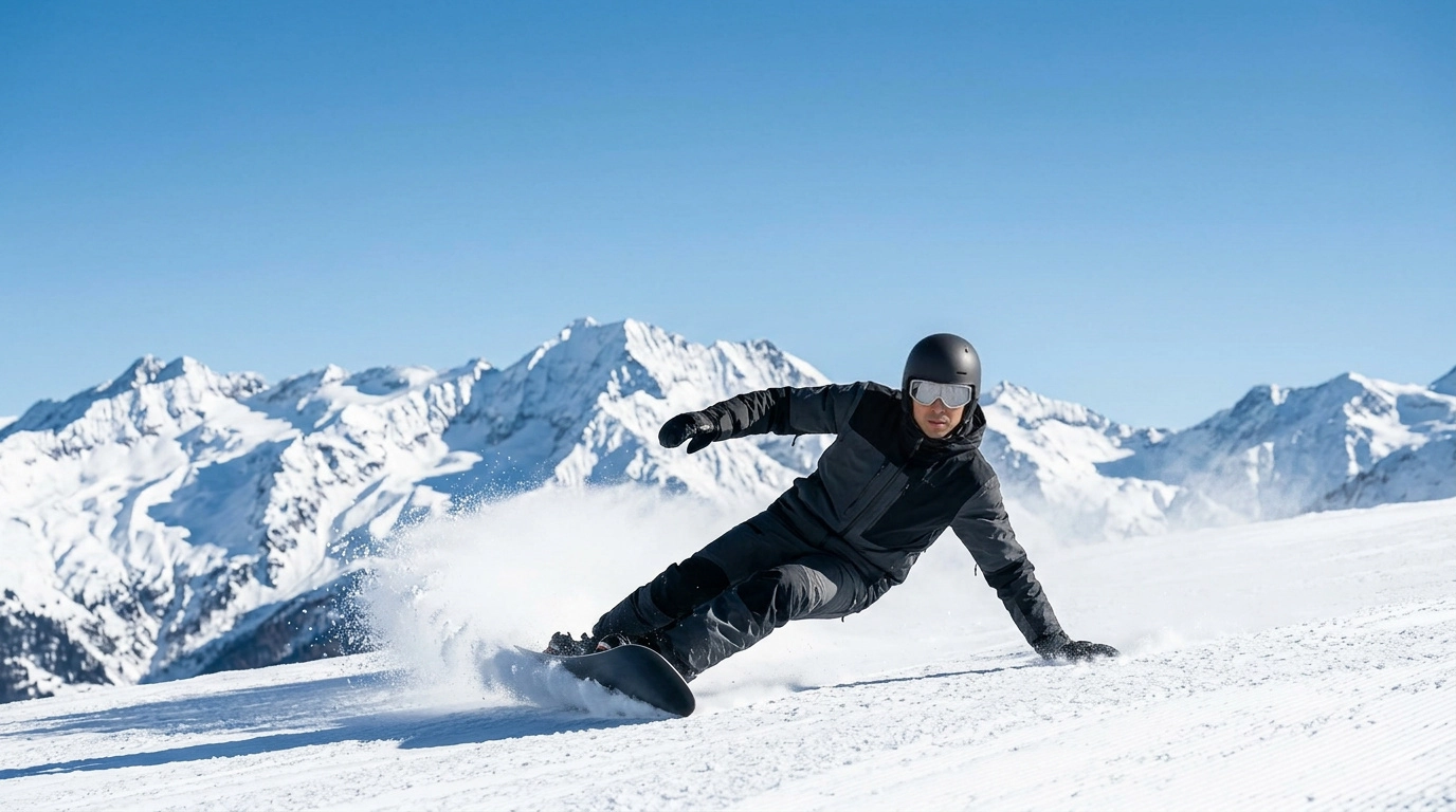 Snowboarder carving hard across a mountain slope